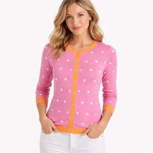 Boston Proper Womens Sz S Sweater Cardigan Pink Silk Blend Buttons up Polka Dot